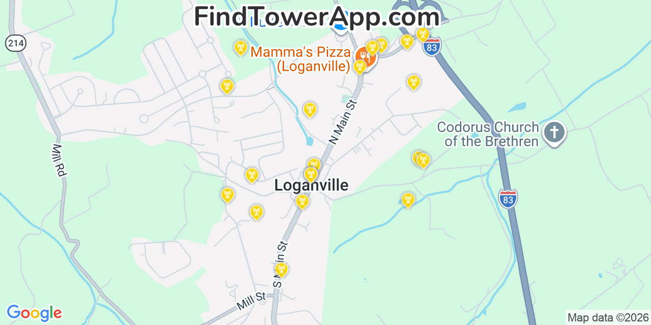 Map showing the 20 primary cell tower locations detected in Loganville, Pennsylvania from AT&T, Verizon, and T-Mobile networks