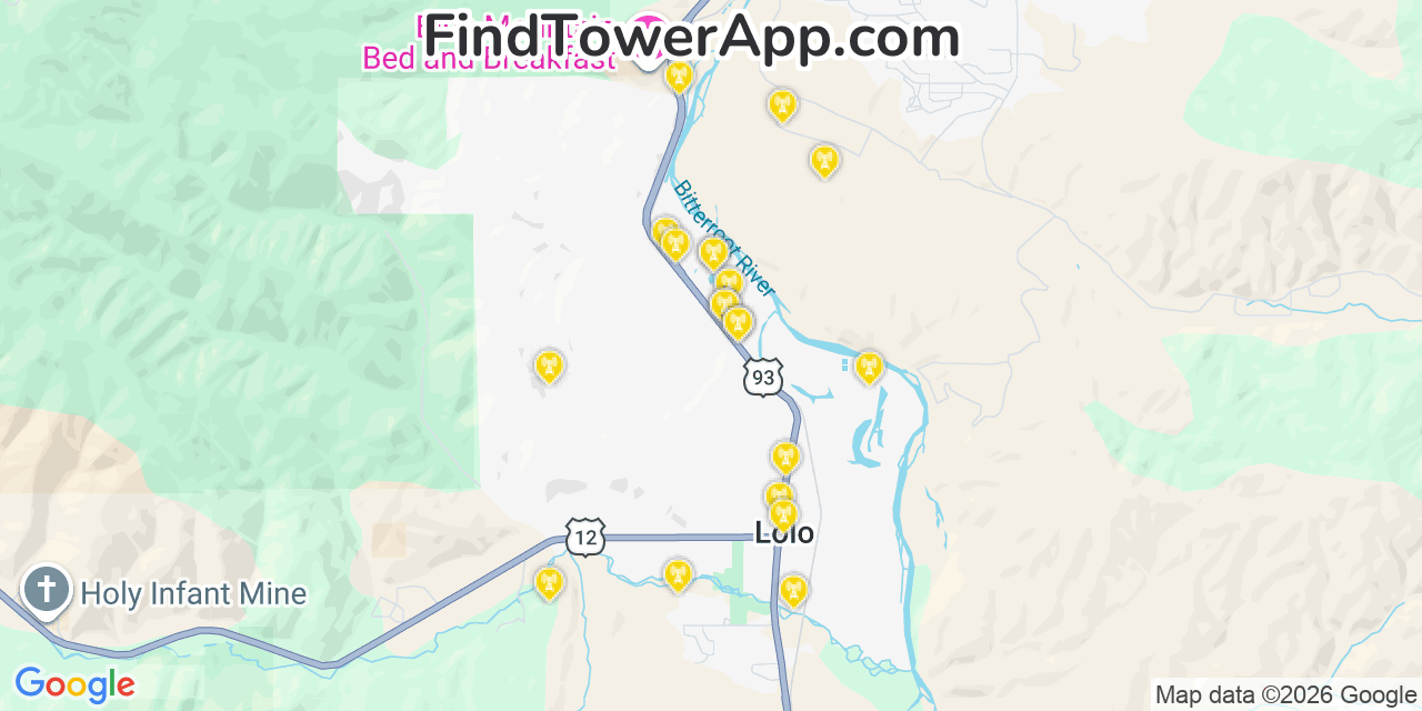 Map showing the 20 primary cell tower locations detected in Lolo, Montana from AT&T, Verizon, and T-Mobile networks