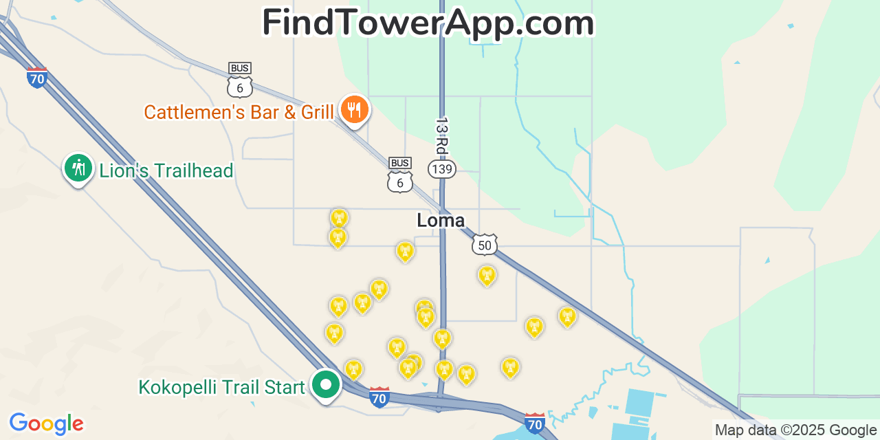 Map showing the 20 primary cell tower locations detected in Loma, Colorado from AT&T, Verizon, and T-Mobile networks