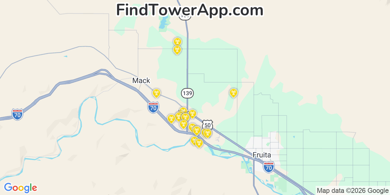 Map showing the 20 primary cell tower locations detected in Loma, Colorado from AT&T, Verizon, and T-Mobile networks