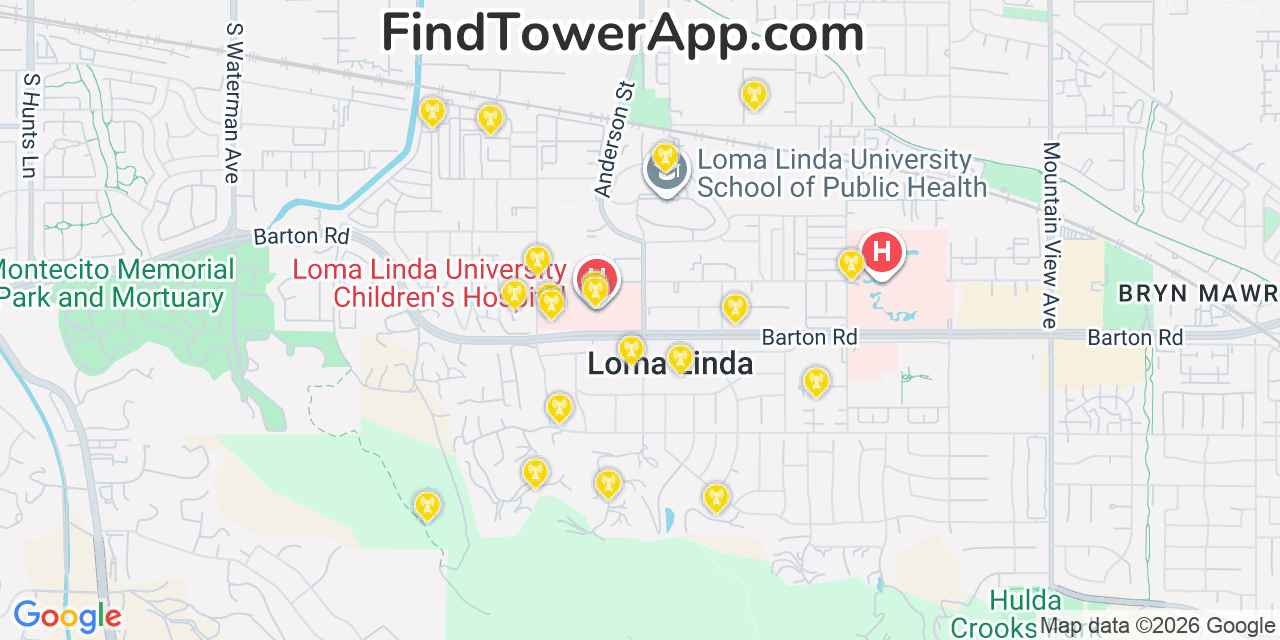 Map showing the 20 primary cell tower locations detected in Loma Linda, California from AT&T, Verizon, and T-Mobile networks