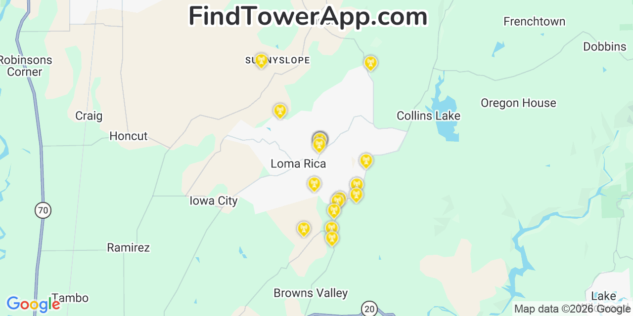 Map showing the 20 primary cell tower locations detected in Loma Rica, California from AT&T, Verizon, and T-Mobile networks