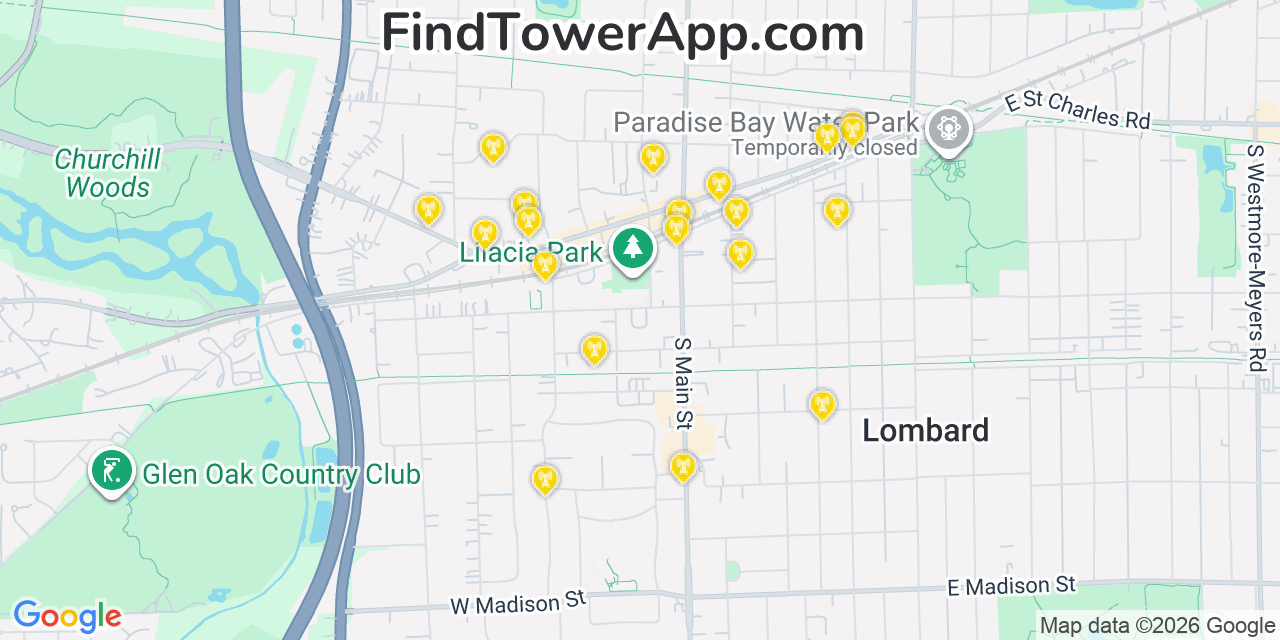 Map showing the 20 primary cell tower locations detected in Lombard, Illinois from AT&T, Verizon, and T-Mobile networks