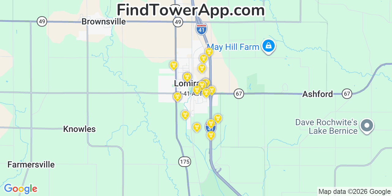 Map showing the 20 primary cell tower locations detected in Lomira, Wisconsin from AT&T, Verizon, and T-Mobile networks