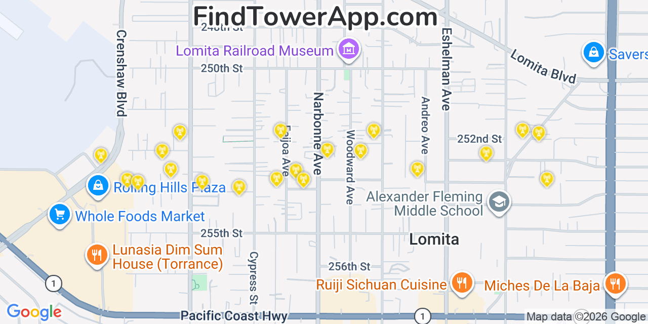 Map showing the 20 primary cell tower locations detected in Lomita, California from AT&T, Verizon, and T-Mobile networks
