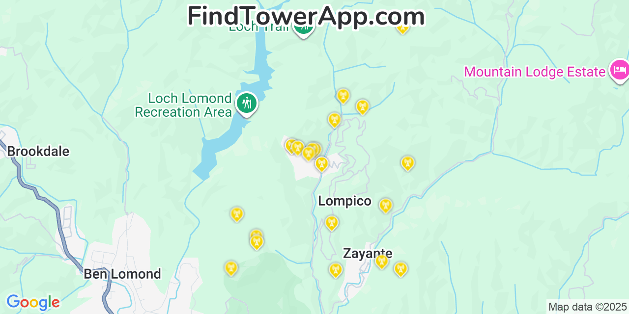 Map showing the 20 primary cell tower locations detected in Lompico, California from AT&T, Verizon, and T-Mobile networks