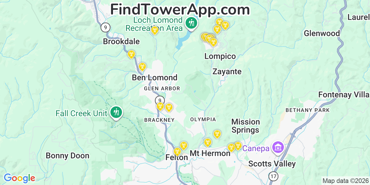 Map showing the 20 primary cell tower locations detected in Lompico, California from AT&T, Verizon, and T-Mobile networks