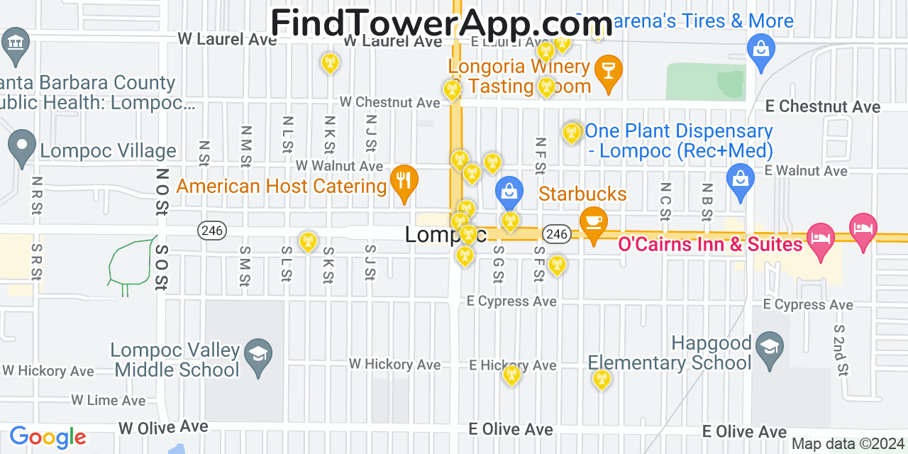 AT&T 4G/5G cell tower coverage map Lompoc, California