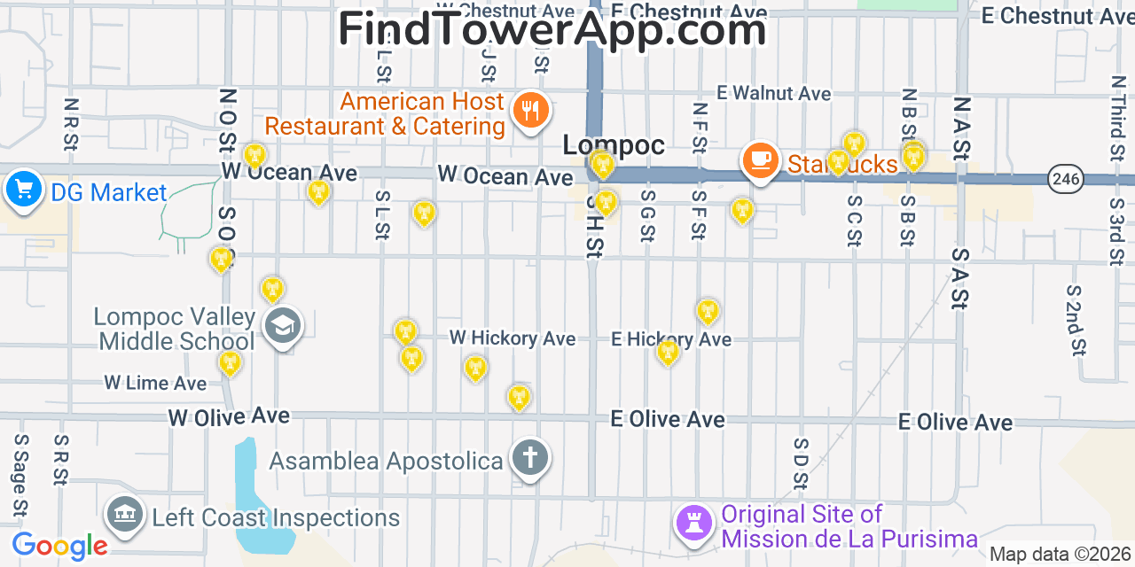 Map showing the 20 primary cell tower locations detected in Lompoc, California from AT&T, Verizon, and T-Mobile networks