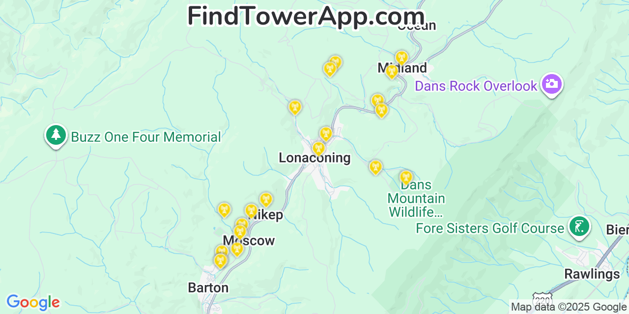 Map showing the 20 primary cell tower locations detected in Lonaconing, Maryland from AT&T, Verizon, and T-Mobile networks