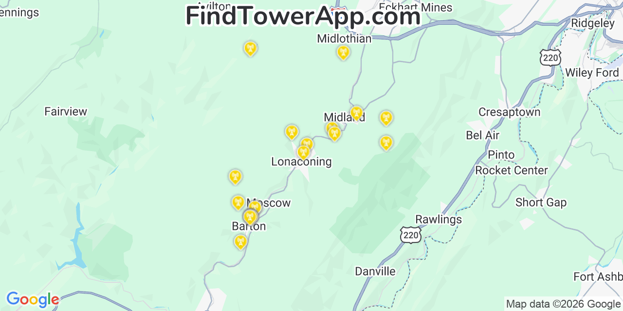 Map showing the 20 primary cell tower locations detected in Lonaconing, Maryland from AT&T, Verizon, and T-Mobile networks