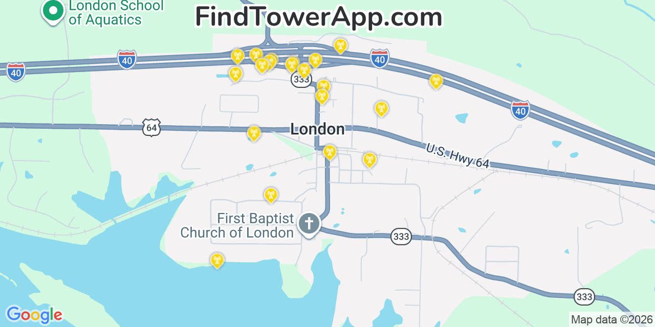 Map showing the 20 primary cell tower locations detected in London, Arkansas from AT&T, Verizon, and T-Mobile networks