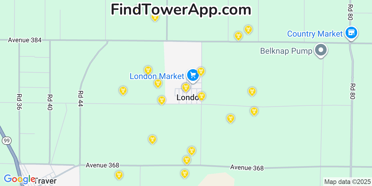 Map showing the 20 primary cell tower locations detected in London, California from AT&T, Verizon, and T-Mobile networks