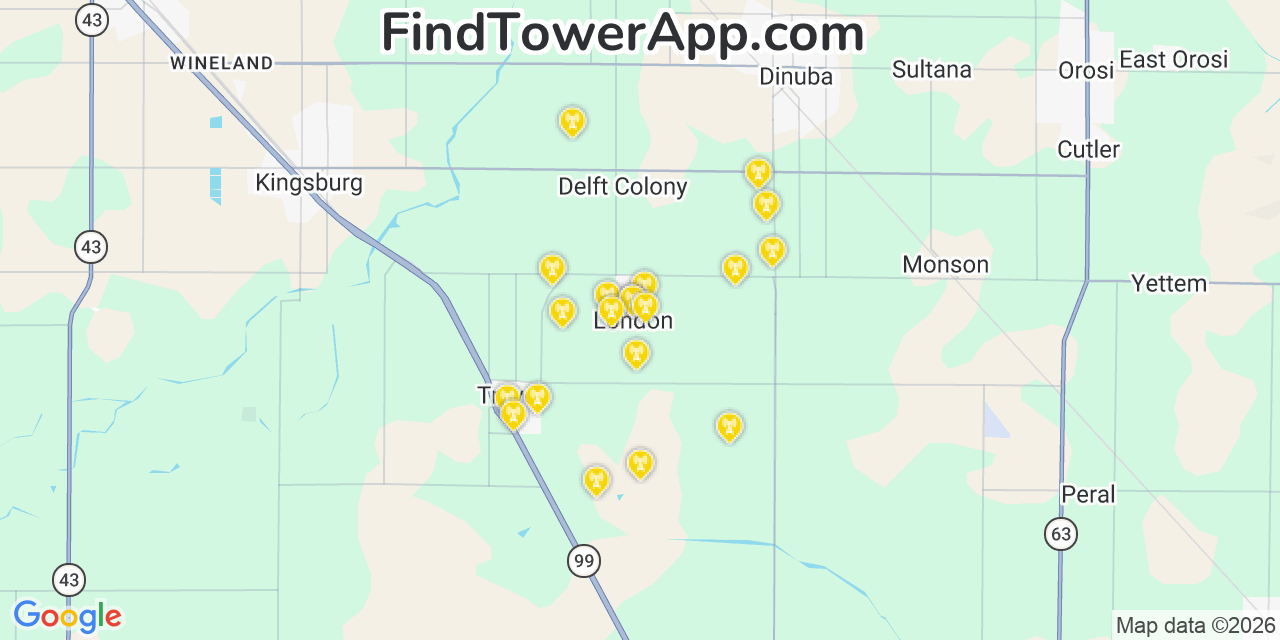 Map showing the 20 primary cell tower locations detected in London, California from AT&T, Verizon, and T-Mobile networks