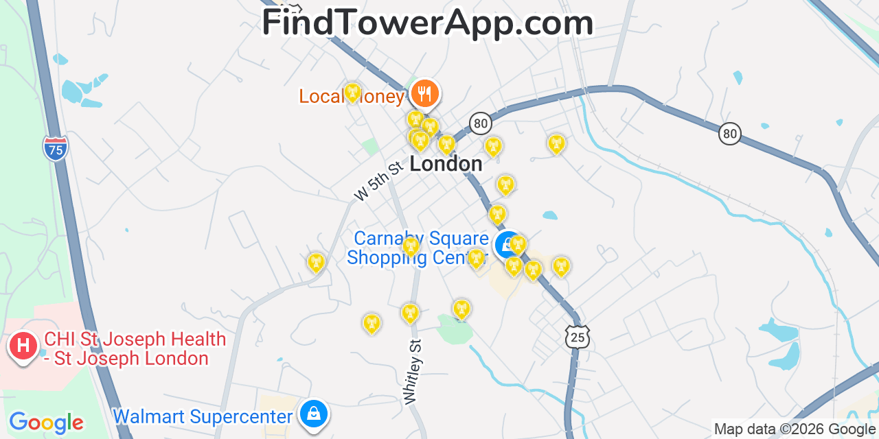 Map showing the 20 primary cell tower locations detected in London, Kentucky from AT&T, Verizon, and T-Mobile networks