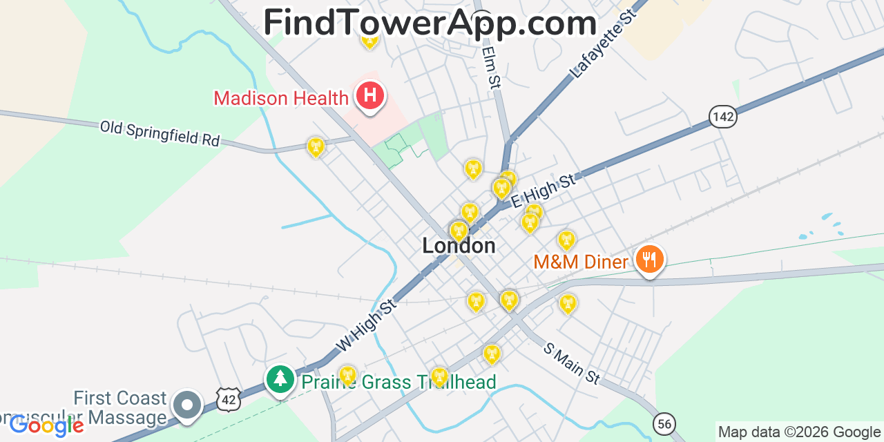 Map showing the 20 primary cell tower locations detected in London, Ohio from AT&T, Verizon, and T-Mobile networks