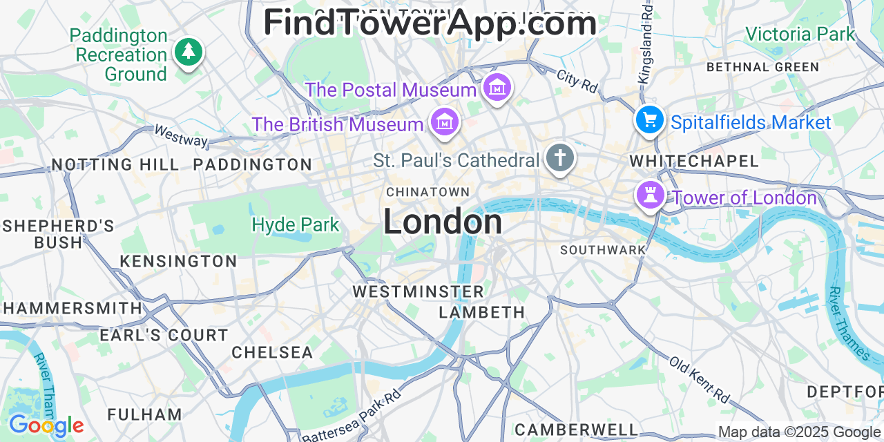 Map showing the 0 primary Three cell tower locations detected in London, United Kingdom with coverage radius and signal strength indicators