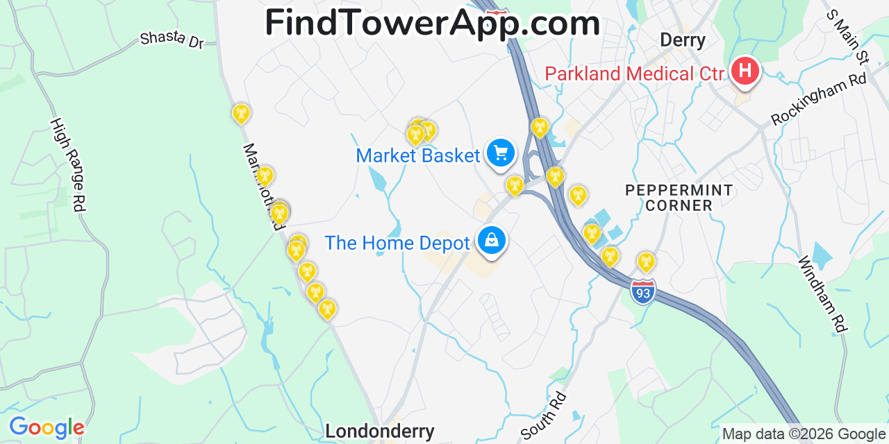 Map showing the 20 primary cell tower locations detected in Londonderry, New Hampshire from AT&T, Verizon, and T-Mobile networks