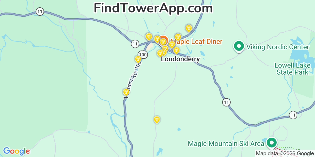 Map showing the 20 primary cell tower locations detected in Londonderry, Vermont from AT&T, Verizon, and T-Mobile networks