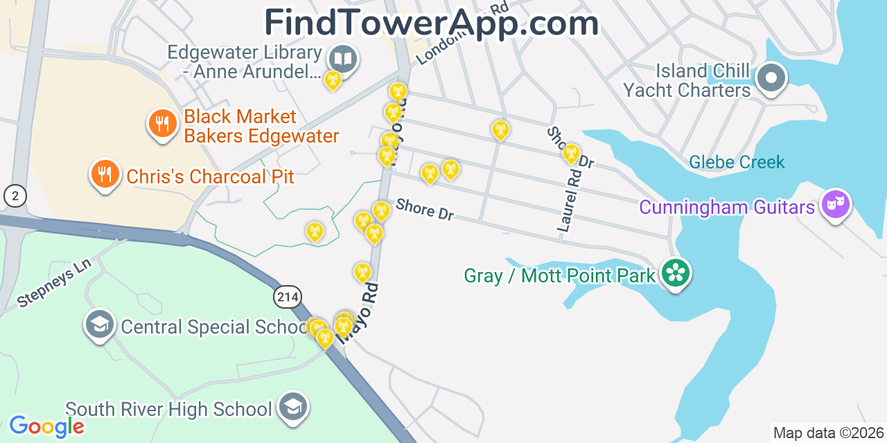 Map showing the 20 primary cell tower locations detected in Londontowne, Maryland from AT&T, Verizon, and T-Mobile networks