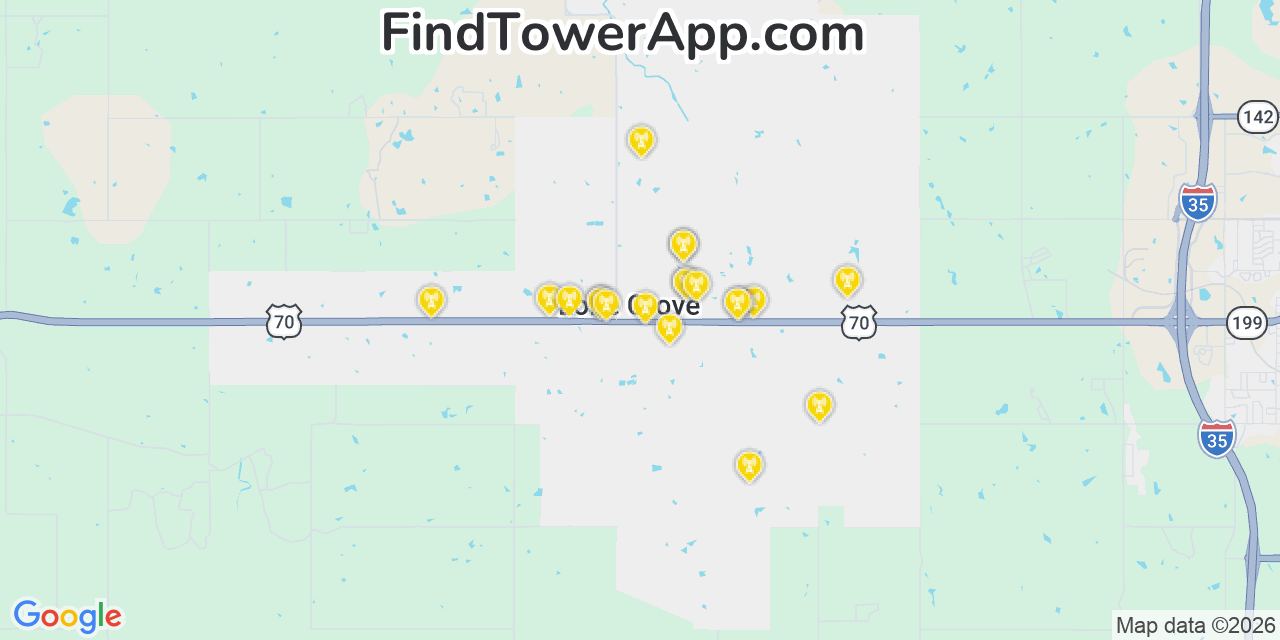Map showing the 20 primary cell tower locations detected in Lone Grove, Oklahoma from AT&T, Verizon, and T-Mobile networks