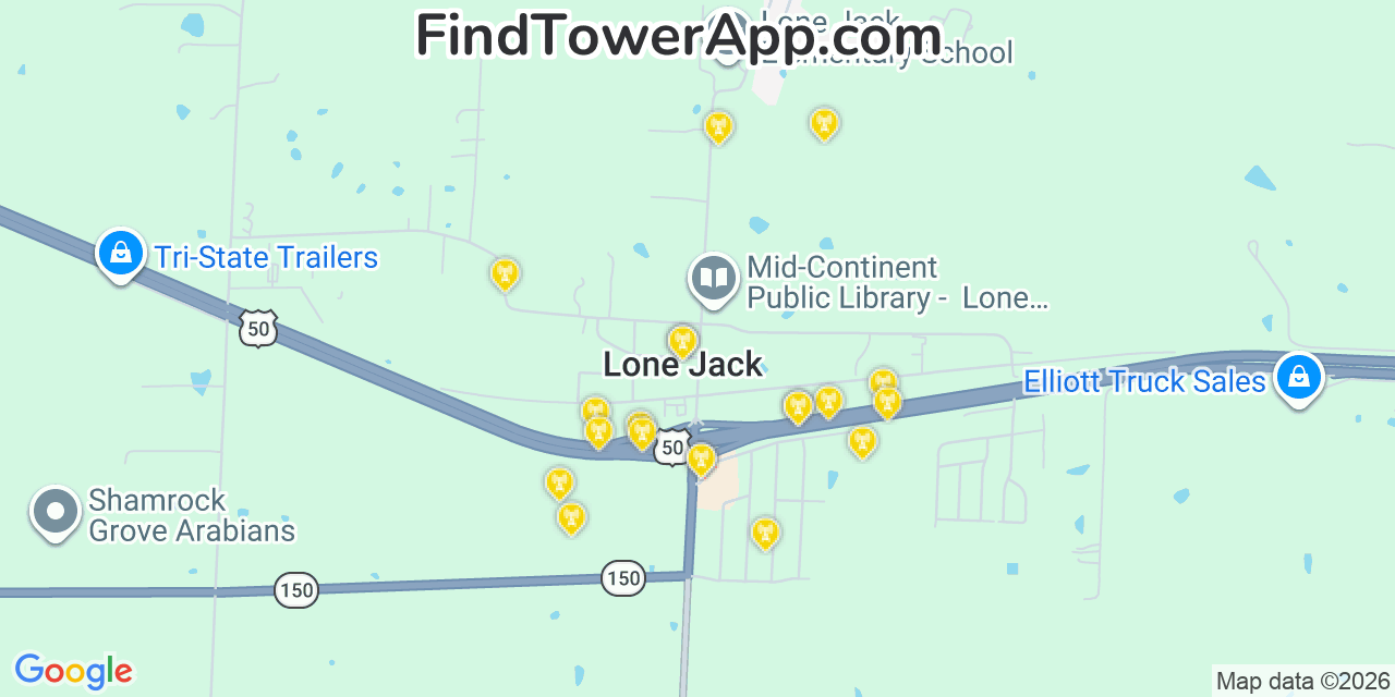 Map showing the 20 primary cell tower locations detected in Lone Jack, Missouri from AT&T, Verizon, and T-Mobile networks