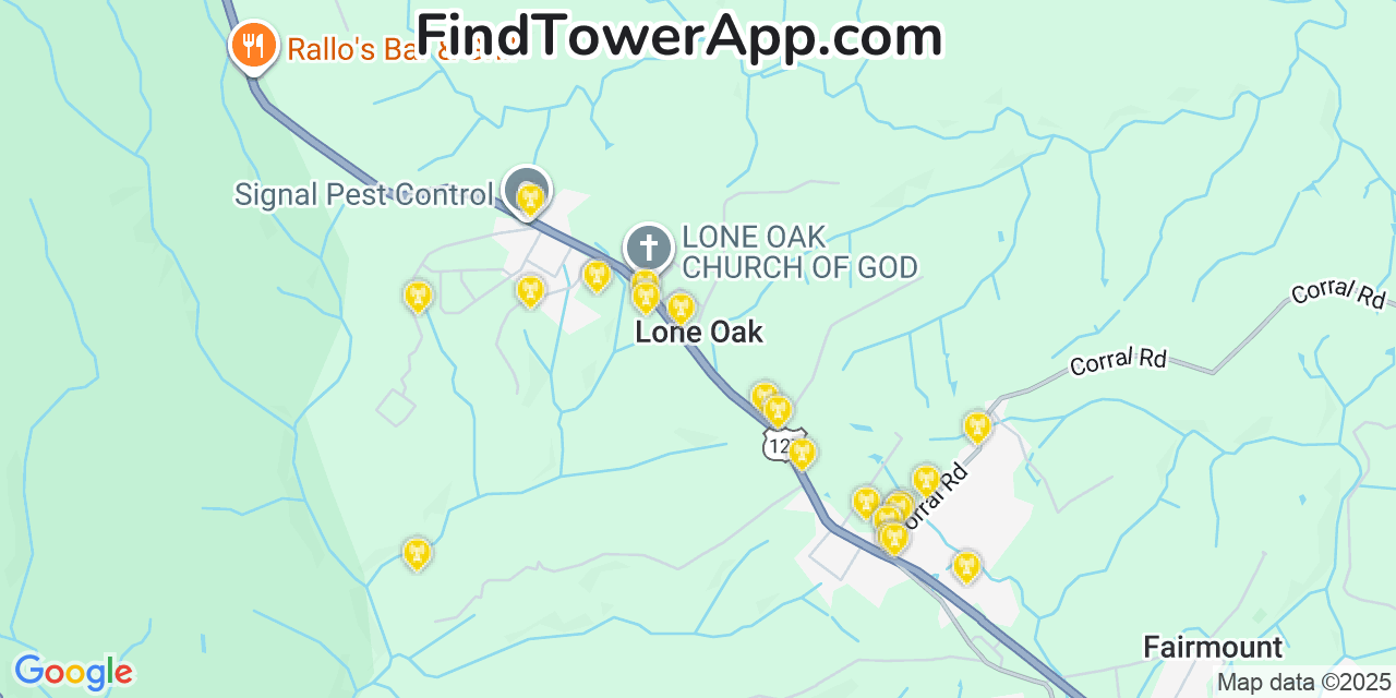 Map showing the 20 primary cell tower locations detected in Lone Oak, Tennessee from AT&T, Verizon, and T-Mobile networks