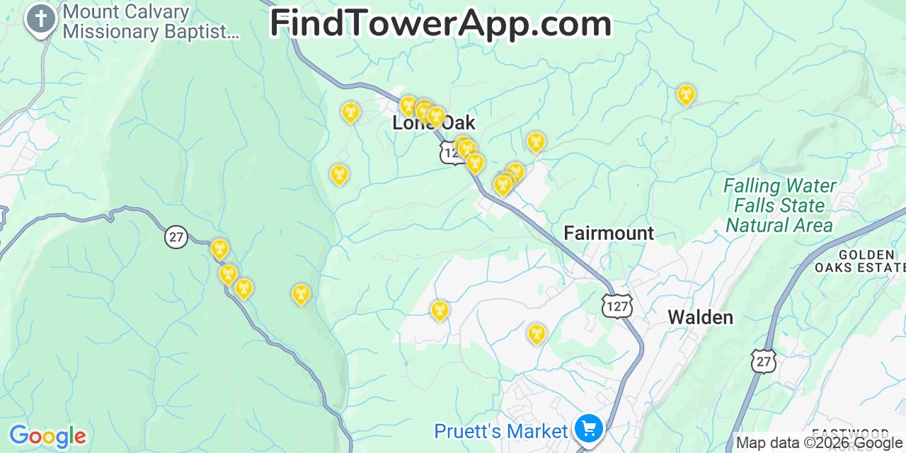 Map showing the 20 primary cell tower locations detected in Lone Oak, Tennessee from AT&T, Verizon, and T-Mobile networks