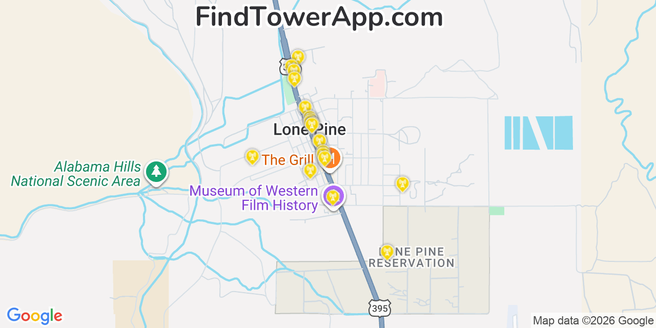 Map showing the 20 primary cell tower locations detected in Lone Pine, California from AT&T, Verizon, and T-Mobile networks