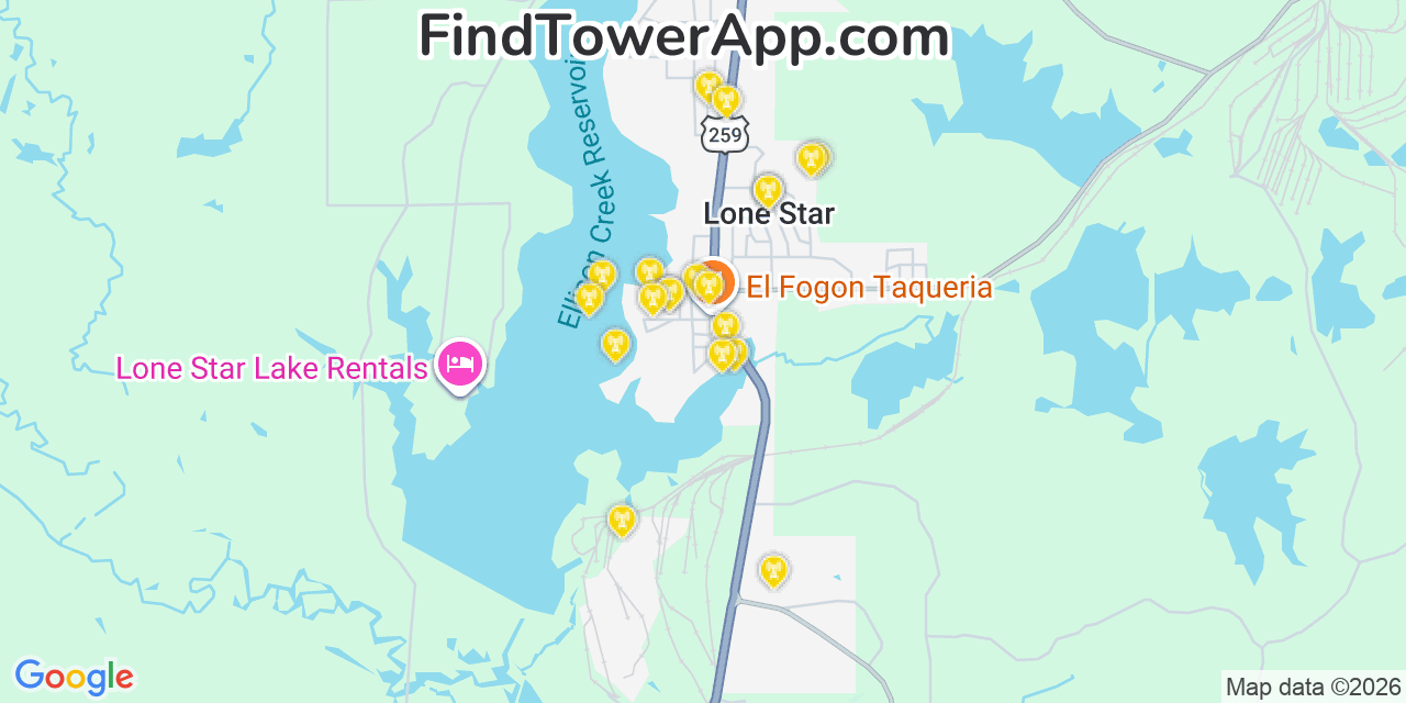 Map showing the 20 primary cell tower locations detected in Lone Star, Texas from AT&T, Verizon, and T-Mobile networks