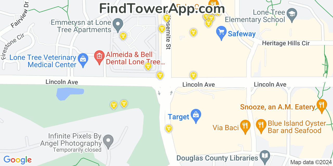AT&T 4G/5G cell tower coverage map Lone Tree, Colorado
