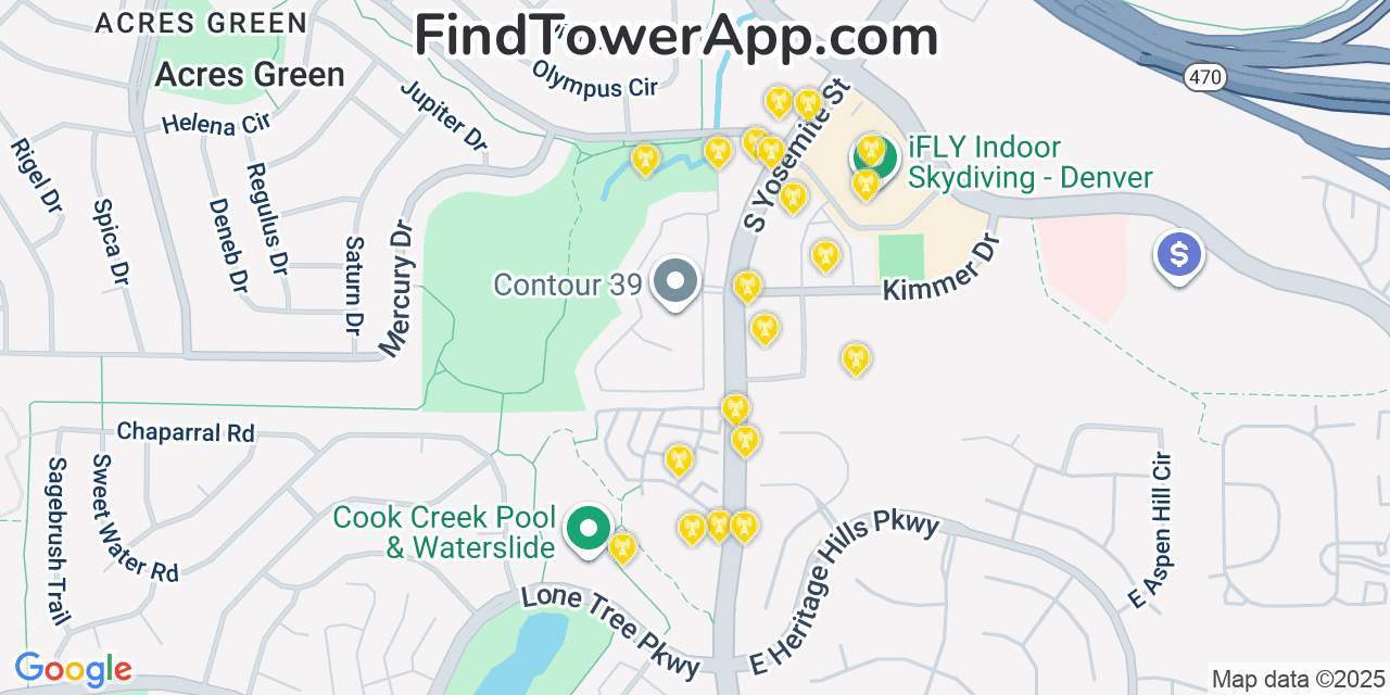 Map showing the 20 primary cell tower locations detected in Lone Tree, Colorado from AT&T, Verizon, and T-Mobile networks