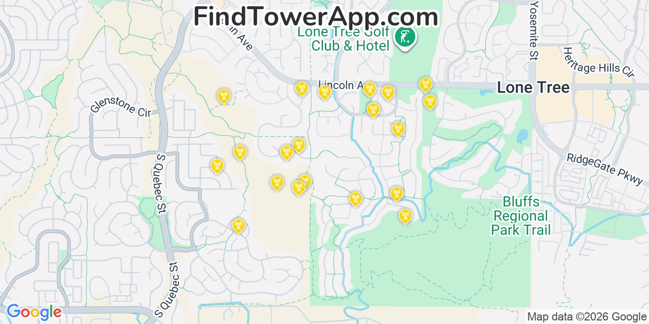 Map showing the 20 primary cell tower locations detected in Lone Tree, Colorado from AT&T, Verizon, and T-Mobile networks