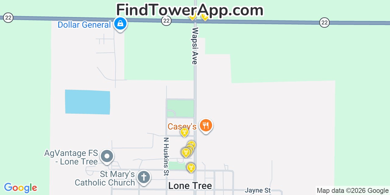 Map showing the 20 primary cell tower locations detected in Lone Tree, Iowa from AT&T, Verizon, and T-Mobile networks
