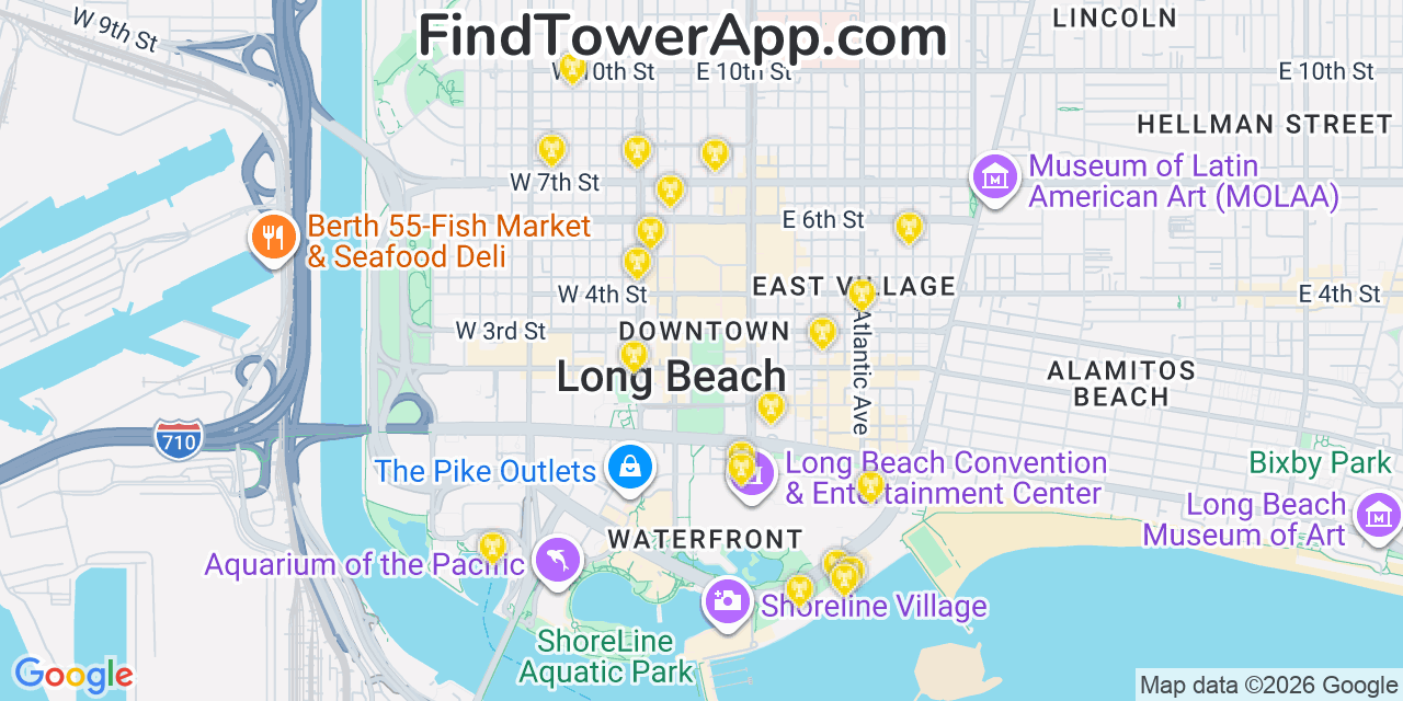 Map showing the 20 primary cell tower locations detected in Long Beach, California from AT&T, Verizon, and T-Mobile networks