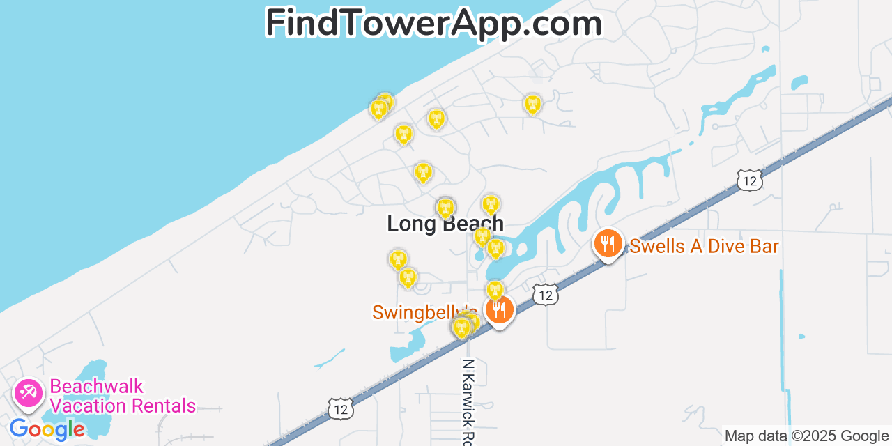 Map showing the 20 primary cell tower locations detected in Long Beach, Indiana from AT&T, Verizon, and T-Mobile networks