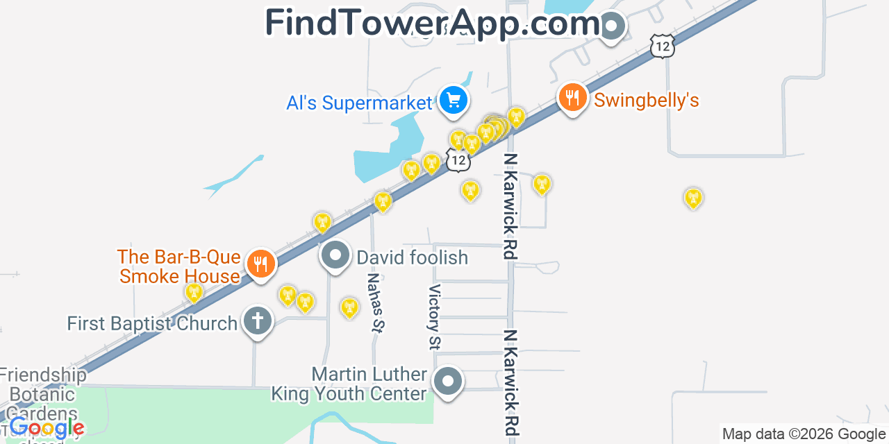 Map showing the 20 primary cell tower locations detected in Long Beach, Indiana from AT&T, Verizon, and T-Mobile networks