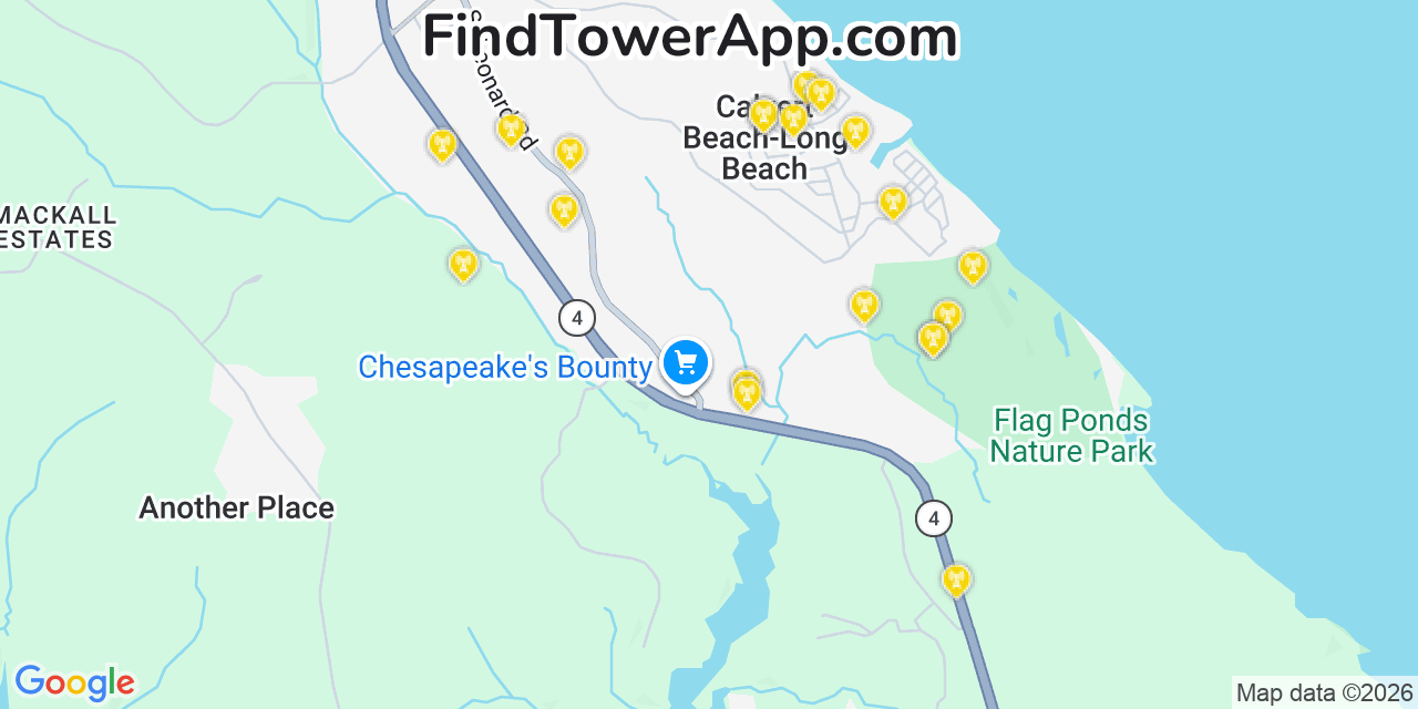 Map showing the 20 primary cell tower locations detected in Long Beach, Maryland from AT&T, Verizon, and T-Mobile networks