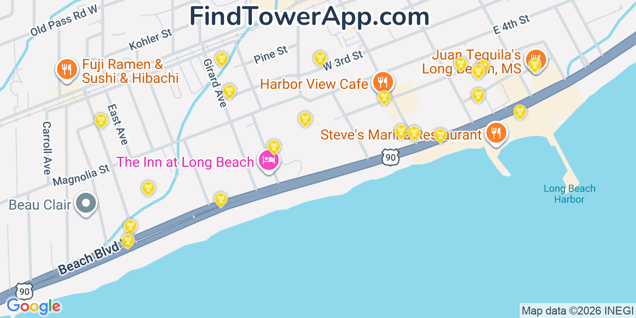 Map showing the 20 primary cell tower locations detected in Long Beach, Mississippi from AT&T, Verizon, and T-Mobile networks