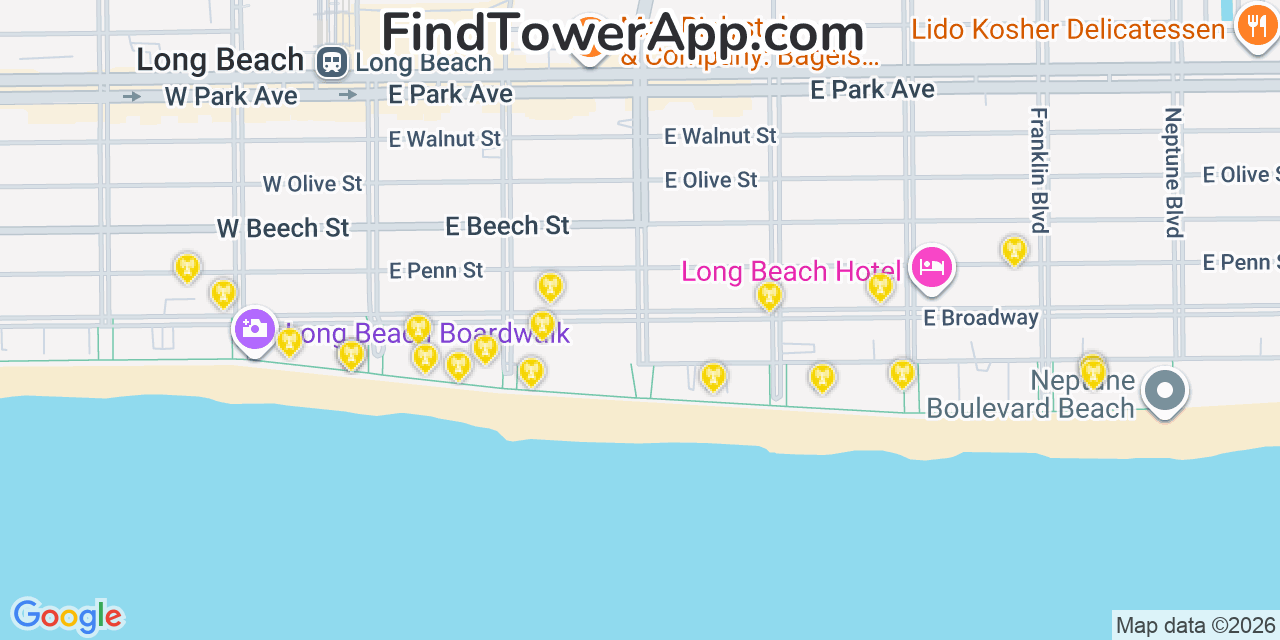 Map showing the 20 primary cell tower locations detected in Long Beach, New York from AT&T, Verizon, and T-Mobile networks