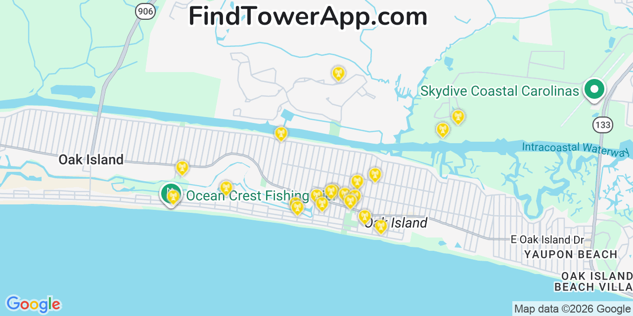 Map showing the 20 primary cell tower locations detected in Long Beach, North Carolina from AT&T, Verizon, and T-Mobile networks