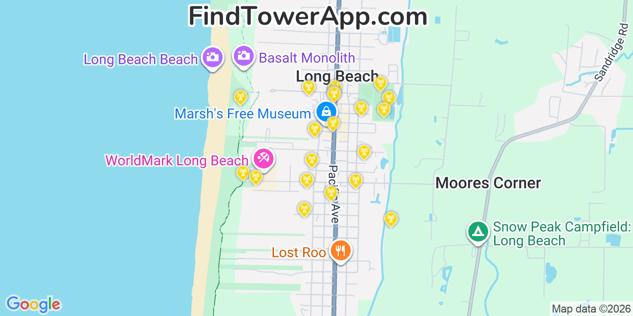 Map showing the 20 primary cell tower locations detected in Long Beach, Washington from AT&T, Verizon, and T-Mobile networks