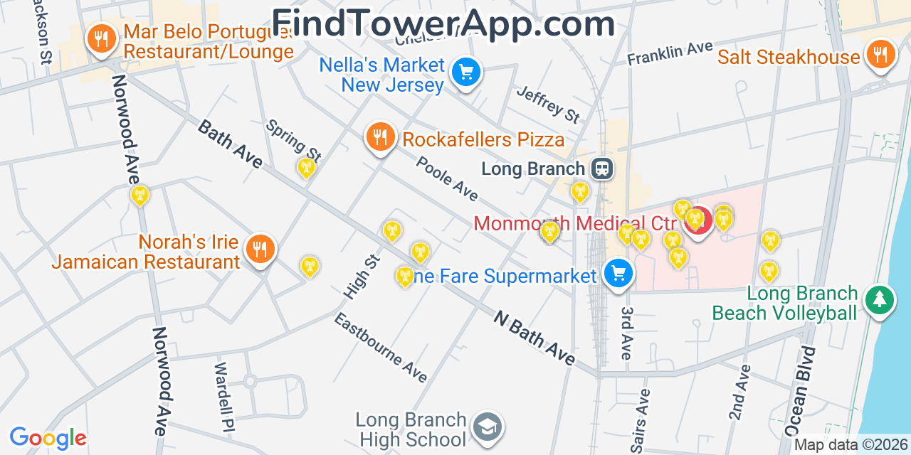 Map showing the 20 primary cell tower locations detected in Long Branch, New Jersey from AT&T, Verizon, and T-Mobile networks