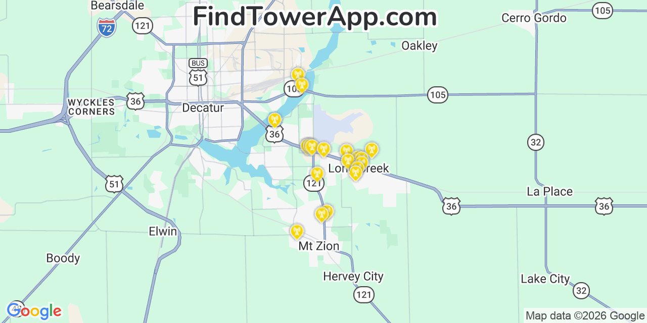 Map showing the 20 primary cell tower locations detected in Long Creek, Illinois from AT&T, Verizon, and T-Mobile networks