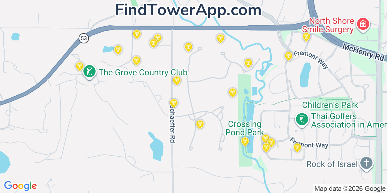 Map showing the 20 primary cell tower locations detected in Long Grove, Illinois from AT&T, Verizon, and T-Mobile networks