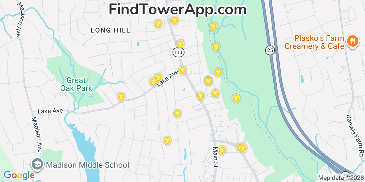 Map showing the 20 primary cell tower locations detected in Long Hill, Connecticut from AT&T, Verizon, and T-Mobile networks