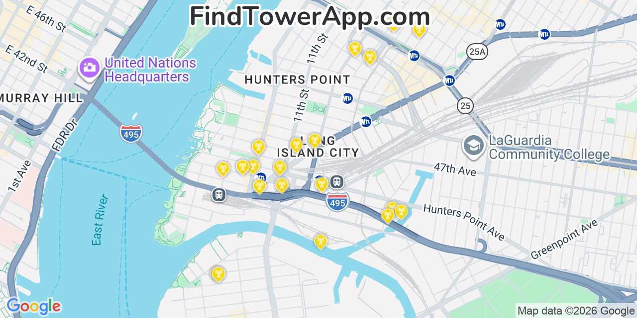 Map showing the 20 primary cell tower locations detected in Long Island City, New York from AT&T, Verizon, and T-Mobile networks