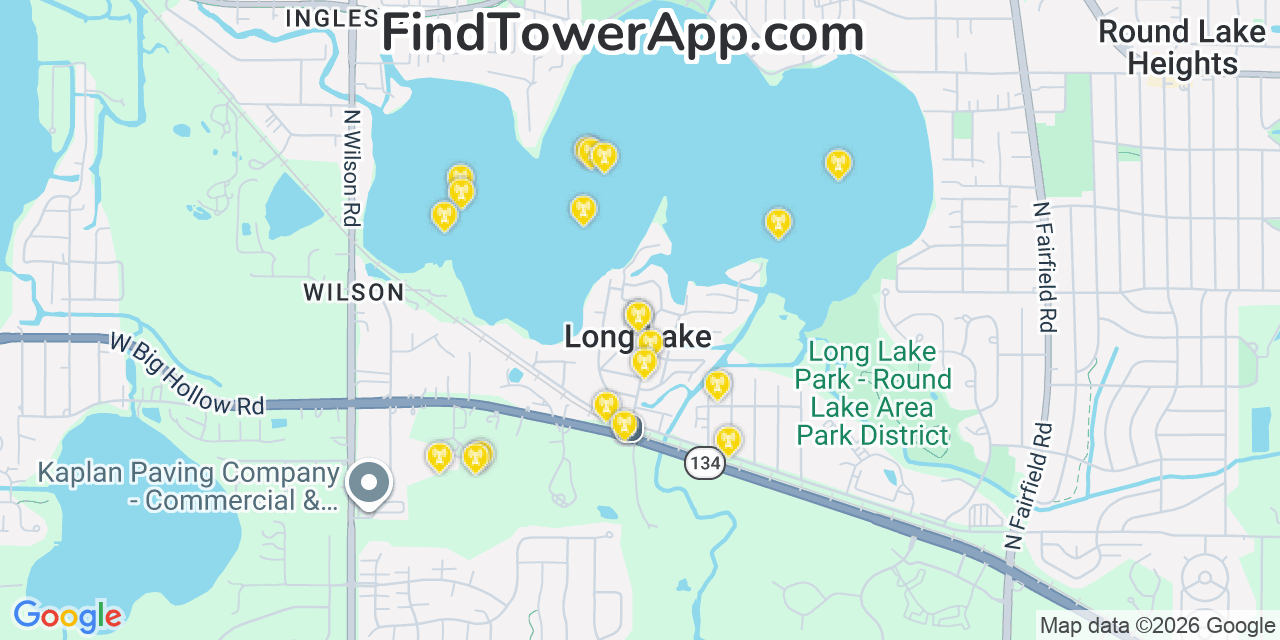 Map showing the 20 primary cell tower locations detected in Long Lake, Illinois from AT&T, Verizon, and T-Mobile networks