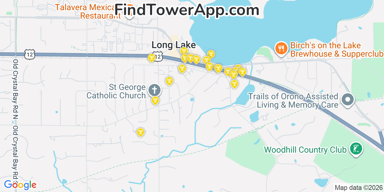 Map showing the 20 primary cell tower locations detected in Long Lake, Minnesota from AT&T, Verizon, and T-Mobile networks