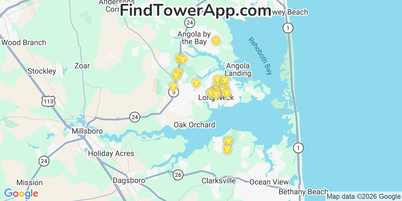Map showing the 20 primary cell tower locations detected in Long Neck, Delaware from AT&T, Verizon, and T-Mobile networks